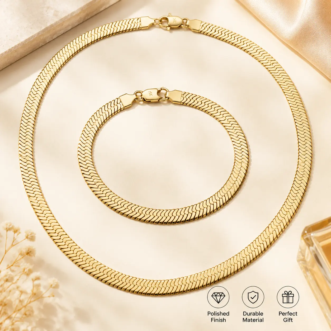 14K Luxury Gold plated Herringbone Chain Necklace and Bracelet Set for Women and Men, Wide Flat Snake Chain Jewelry Set, Polished Minimalist Daily Wear Party Gift