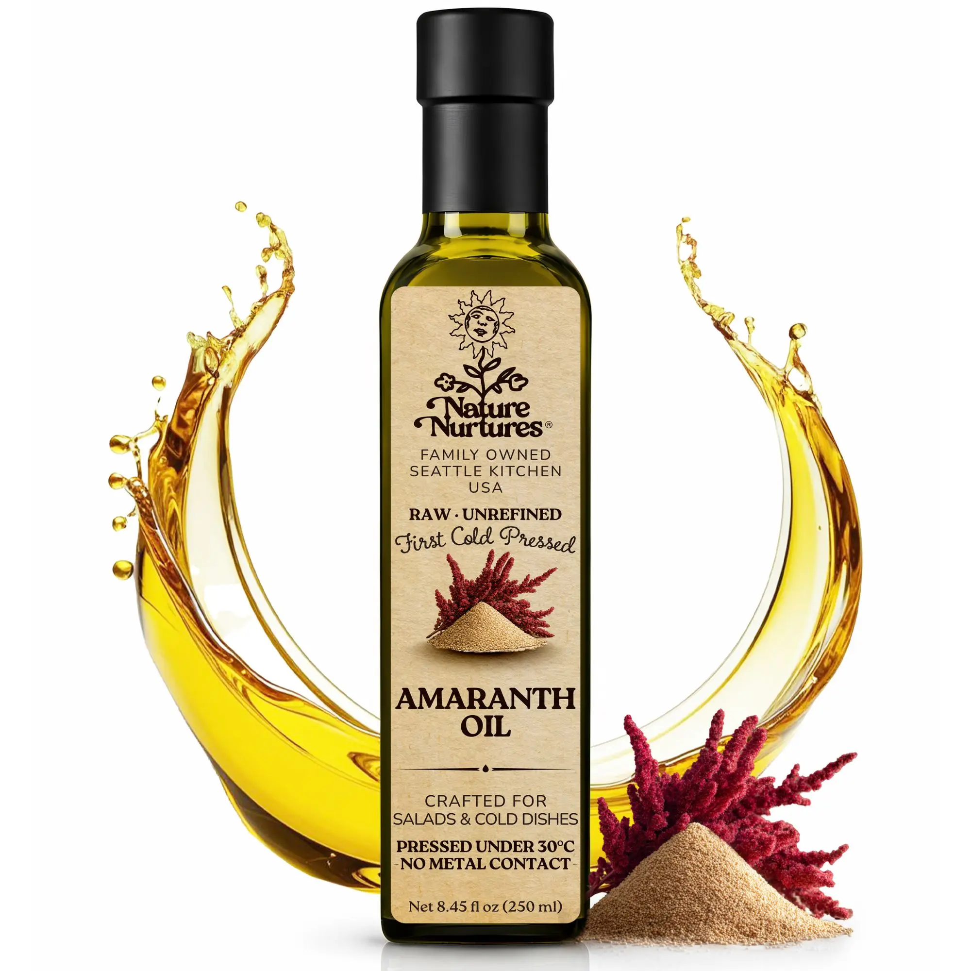 Amaranth Oil for Cooking and Baking · Raw · Unrefined · First Cold-Pressed at Temperatures Below 30°C · Pressed Only Once · Without Metal or Wood Contact · Small Batch · Handcrafted in Seattle USA · 100% Pure & Natural · Also Loved for Skin and Hair