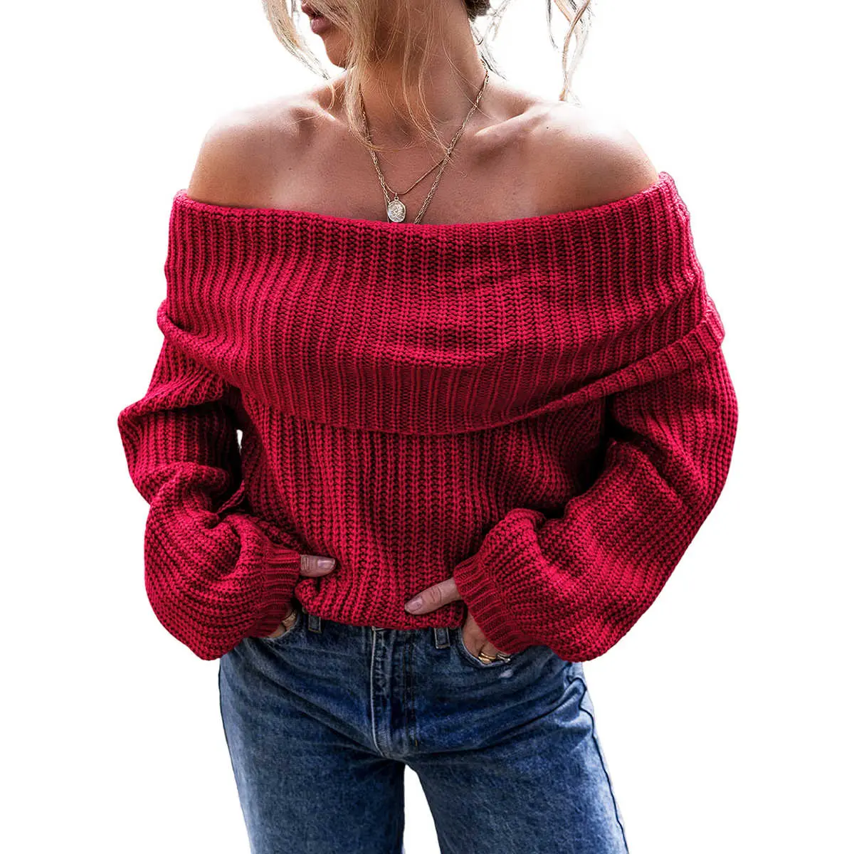 Racing Red Off-the-shoulder Knit Sweater Casual Long Sleeve