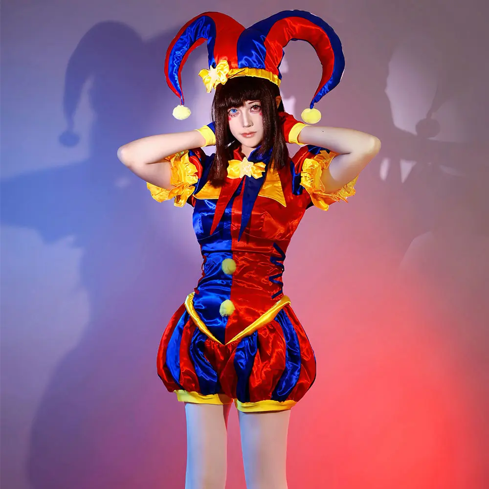 Women's Comic Jester Costume, Theatrical Fantasy Pomni Jumpsuit Full Set for Halloween Cosplay & Roleplay, Clothes, Stage Costume, Cosplay Set, Hand Wash, Adorable Jester Look, The Digital Circus, Cartoon Character