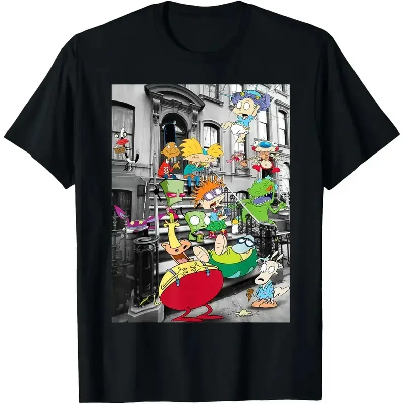 Nickelodeon Classic Nicktoons Hanging On Stoop Shirt | Vintage Nicktoons Cartoon Graphic Tee | 90s Nickelodeon Retro T-Shirt | Unisex Classic Cartoon Fan Tee