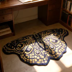 Vintage French Style Elegance Blue Gold Butterfly Print Carpet, Foldable Washable Non-Slip Plush Rug, Decorative Living Room Bedroom Mat, Decorative Area Rug