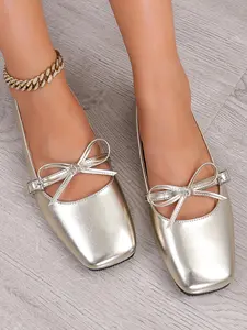 Women's Easy Wear Flat Low Heel Square Toe Ballet Flats, PU Leather, Rubber Sole, Spring & Fall Fashion, Commuter Casual Dress Up