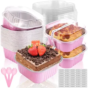 10oz Mini Cake Pans With Lids 50 Pack Aluminum Foil Square Brownie Baking Cups,4”x4” Disposable Loaf Pans With Lids and Spoons Stickers,Large Cupcake Pans Muffin Cake Tins Cake Container