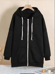 [Plus Size] Basic Solid Zip Up Hoodie, Casual Drawstring Pocket Long Sleeve Hooded Sweatshirt Fit for Fall & Winter, Women's Clothing for Daily Wear, Womenswear, Tops