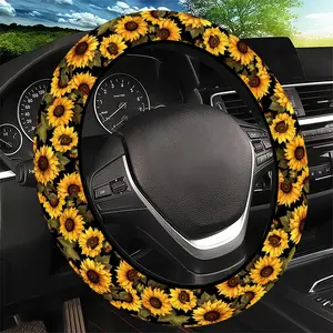 Sunflower Pattern Steering Wheel Cover, Vibrant Yellow Dark Background Style - Fit Car Interior Accessory, Durable Material, No Inner Ring, For All Seasons Automotive Accessories, Best Festive Gift Item For Family.11.27QWA-248