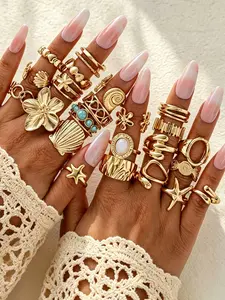 Women's Ring Set, Elegant Vintage Bohemian Turquoise Star Flower Heart Shell Rings, Party Beach Date Birthday Gift Jewelry