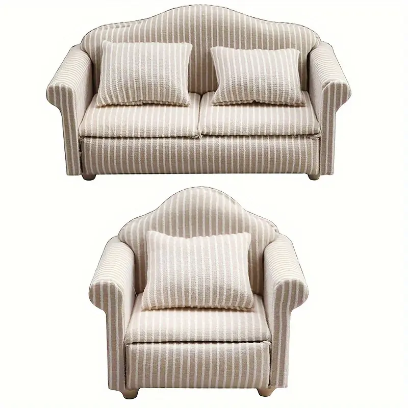 1:12 Scale Miniature White Striped Sofa & Armchair with Cushions, No-Power Dollhouse Furniture with Plant Fiber, Ideal for DIY Pretend Play & Halloween Decoration Gifts