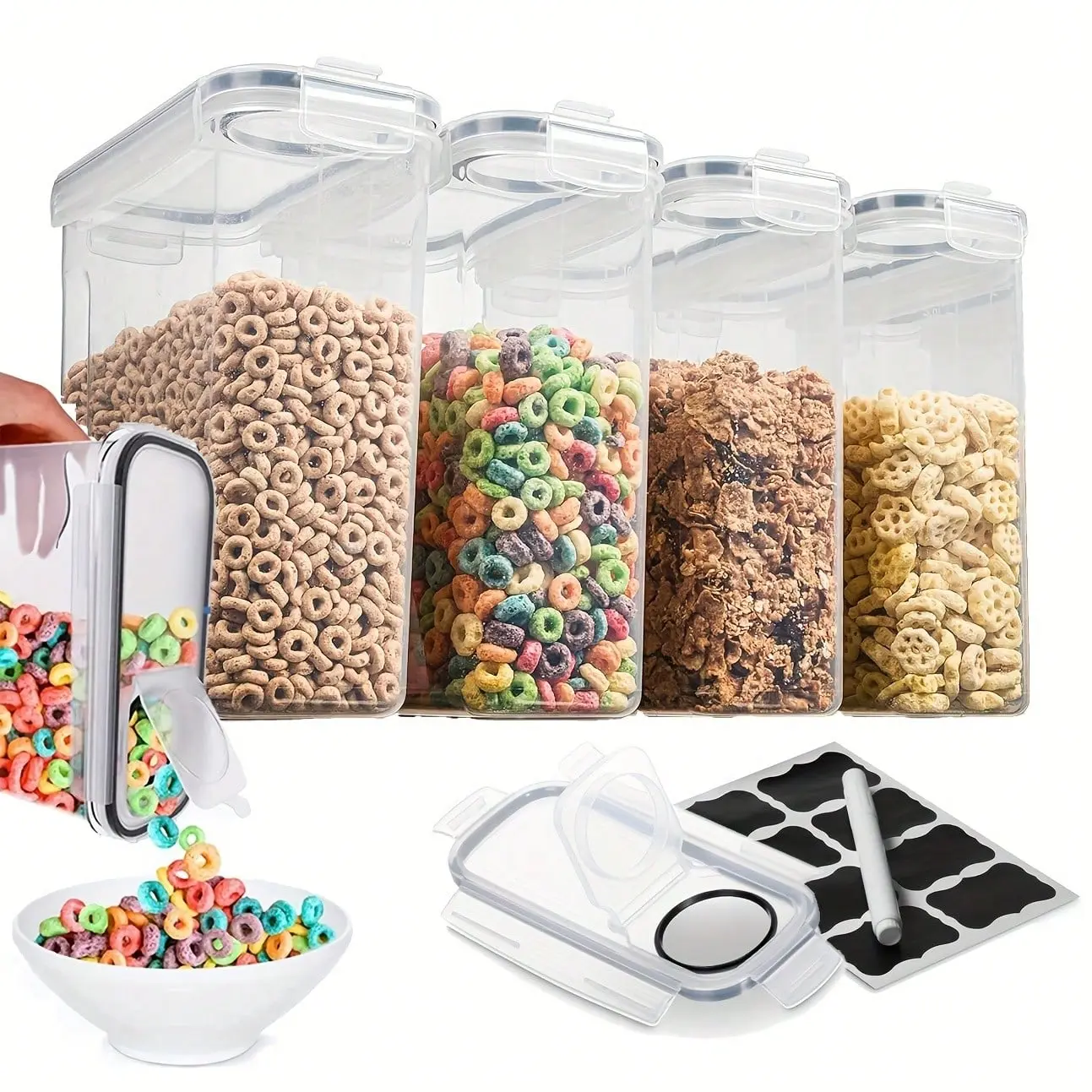 4PCS Airtight Cereal Storage Container Set (4L/135.2 Oz) - Plastic Cereal Dispensers with Labels & Marker, Kitchen Accessories for Pantry Organizer Storage, Storage Organization