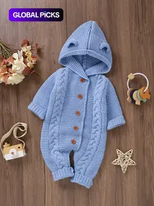 Baby's Solid Cable Knit Button-Front Hooded Sweater Jumpsuit, Cute Cozy Casual Long Sleeve Jumper Onesies for Newborn and Infant, Baby Clothing for Daily Wear