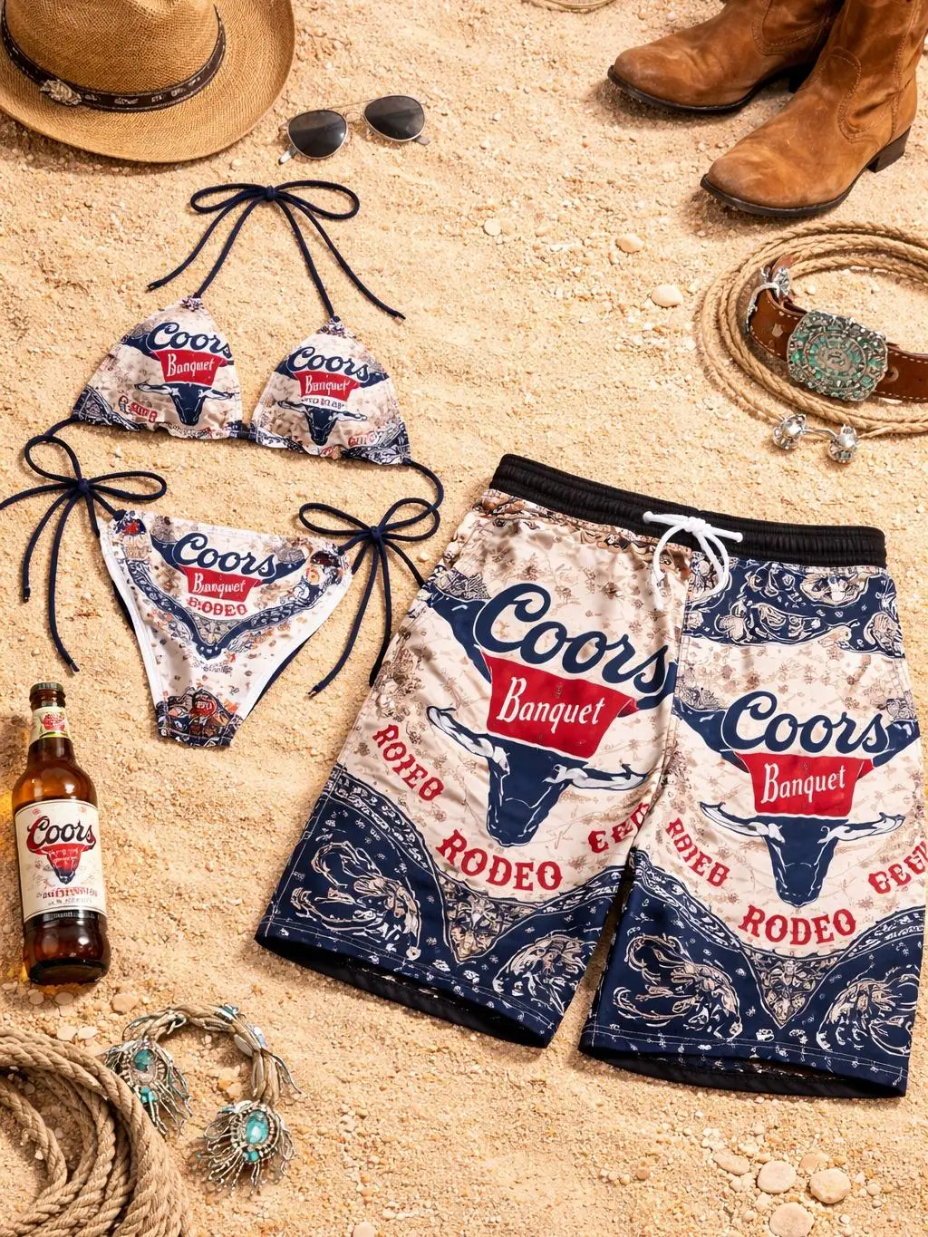 Coors Matching Couple Swimwear  – Bikini & Men’s Beach Shorts, Western Cowboy Style Summer Vacation Outfit