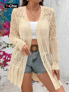 Women's Knitted Open Front Pure Color Long Sleeve Hollow Out Symmetrical Hem Casual Vacation Spring Summer Top Knitwear Knit Sweater