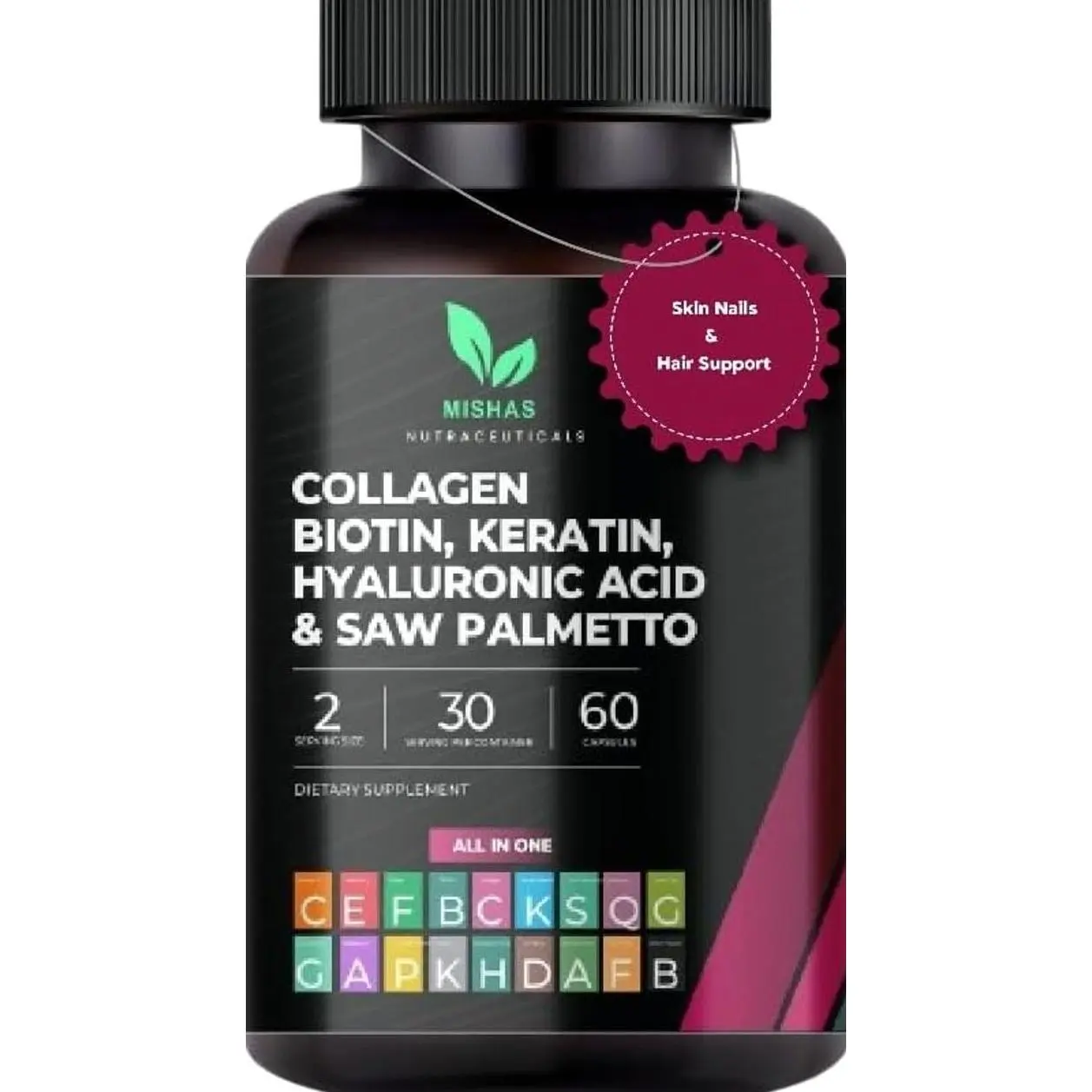 Multi Collagen Hair Pills - Biotin 10,000mcg, Keratin & Hyaluronic Acid - Hair Growth - Hair Skin & Nails Vitamins & DHT Blocker - Vitamin E Folic Acid Pumpkin Seed MSM, Saw Palmetto 60 Vegan Capsules