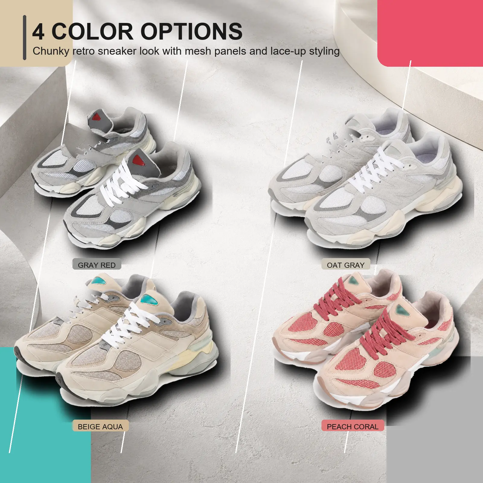 Chunky Mesh Basketball Sneakers - Lace-Up Retro Runner Style, Layered Upper, Thick Sole Fashion Shoes for Daily Outfits & Casual Wear