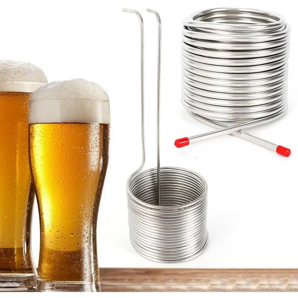 Small Stainless Steel Immersion Wort Chiller - 1.68kg/3.7lbs, 11.81*7.09*6.3in/143*150mm Double Layer Food Grade Stainless Steel Coil Pipe, Round Silicone-Lined Bar Utensil for Home Beer Brewing Cooling Equipment, Cooling Coil Pipe