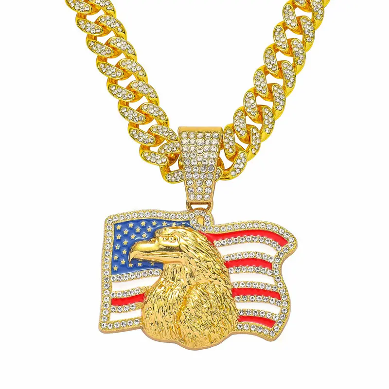 Men's Hip-Hop Inspired Silver-Toned Chain Necklace - Bling American Flag Pendant, Eagle Design, Father's Day Gift, Flag Charm, Cuban Logo, Festival Statement, Long Dangling Costume Jewelry, Flag Charm Necklaces, Cuban Logo Necklaces