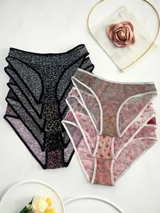 Women's Ultra-Thin Leopard Print Ditsy Floral Mesh Low Waist Triangle Briefs, Comfortable Breathable Casual Underwear, 8 Pcs Set, All Seasons