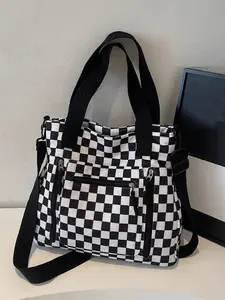 Chessboard Pattern Women's Tote Bag, Large Capacity Commuter Shoulder Bag, Casual Versatile Multi-Pocket Crossbody Bag for Daily Use