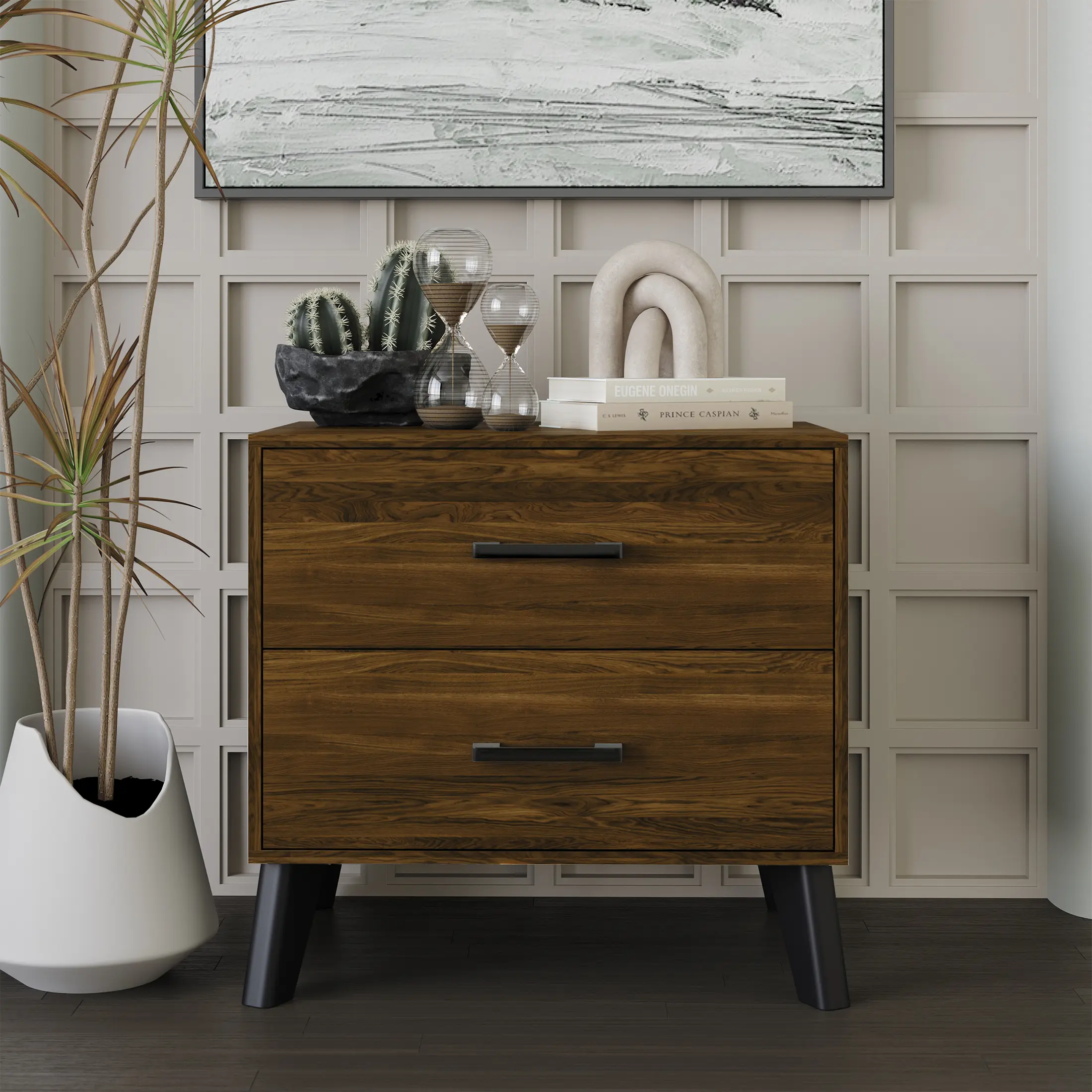 ChaletPosh Wood Nightstand – 2 Drawers, Black Accents, Tapered Legs