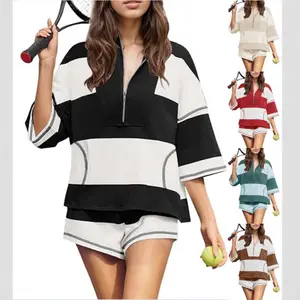 2026 Spring/Summer New Women's Striped Short-Sleeve Oversized Shorts Casual Sportswear Two-Piece Tennis Set