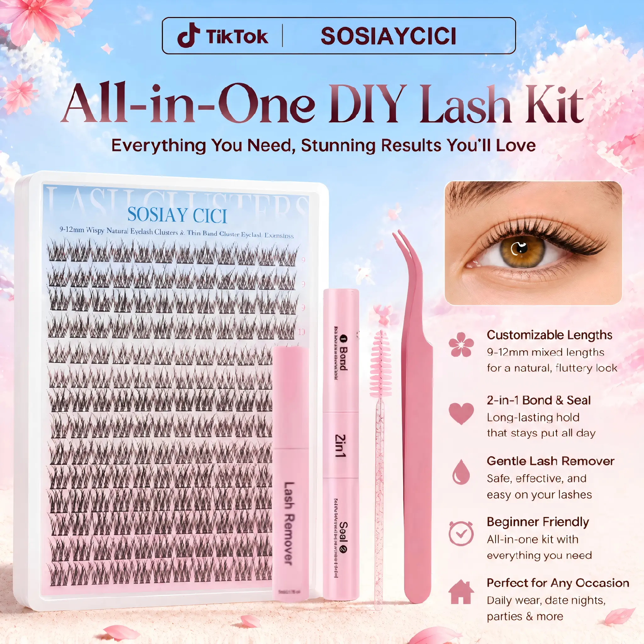 SOSIAYCICI Natural Lash Clusters Kit Fishtail Ultra-Natural Wispy Light Weight Lash Extension Kit with Long-Lasting Lash Bond and Seal, Tweezers and Remover for DIY Eyelash at Home for Natural Makeup Girl Gifts DealsForYouDays SummerVibes BackToSchool