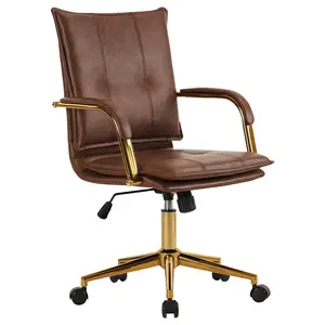 MOJAY Mid-Back Ergonomic Leather Office Chair, Padded Seat Backrest, Modern Upholstered Executive Desk Chair with Gold Frame Armrest Computer Task Chair
