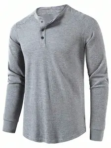 Men's Slim Fit Waffle Henley Long Sleeve, Minimalist Plain Casual Top with Ribbed Cuffs, Ideal for Smart Casual Wear and Urban Commuting