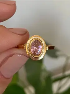 Vintage Golden Pink Gemstone Ring for Women, Ring Jewelry, Golden Plated Oval Cut Pink Sapphire Statement Ring, Elegant Engagement Ring, Retro Minimalist Engagement Band Gift Mother's Day, Anniversary Gift