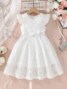 Girls' Summer Dress with Pleated Sleeves, Round Neck Lace Design, Waist Belt Included, Sweet & Elegant Party Wedding Gown, Princess Seraphina Dress