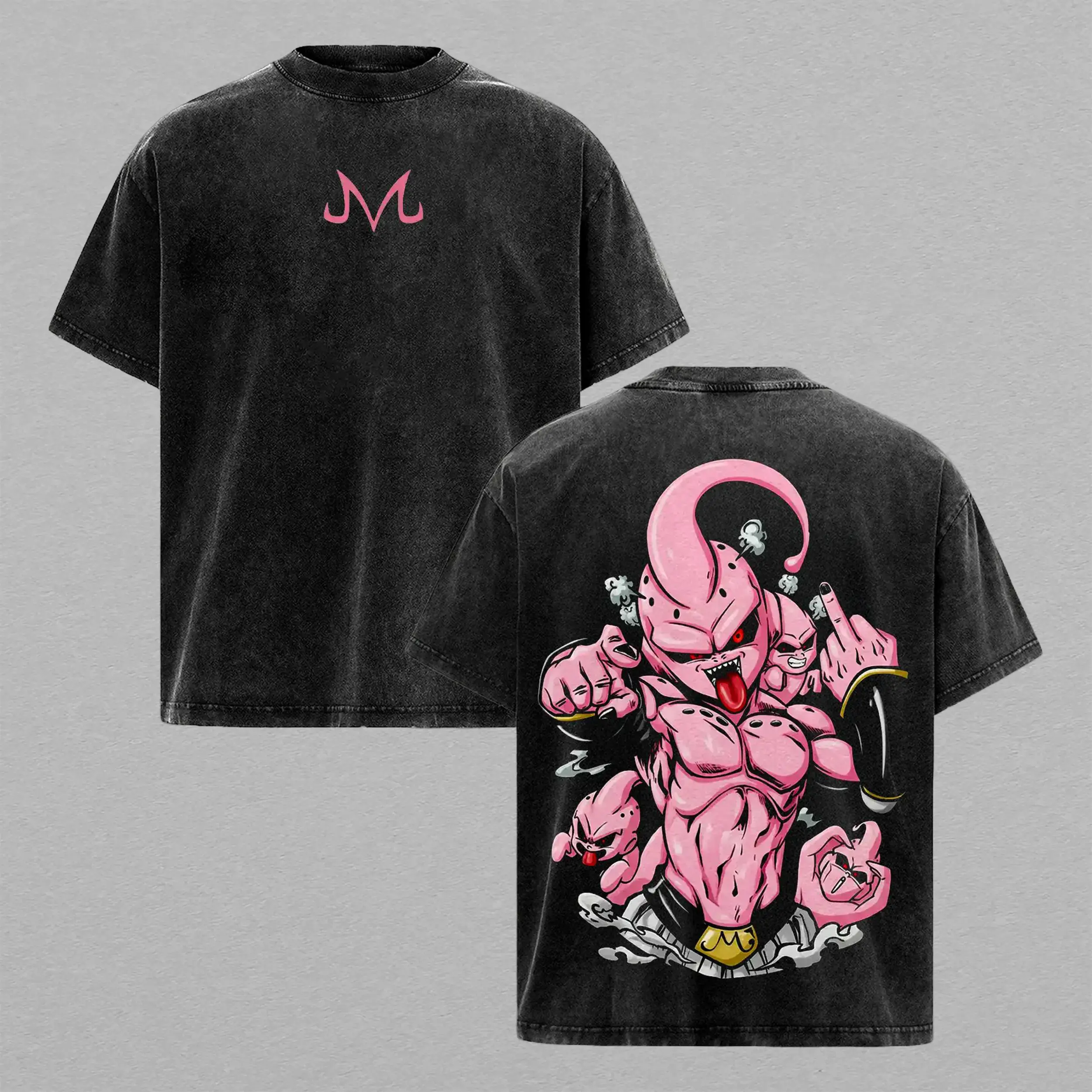 Majin Buu Vintage Washed Oversized T-Shirt Pink Majin Graphic Tee Unisex Streetwear Anime Soft Cotton Top Outfit for Men Casual Menswear Gift for Anime Fans - Tshirt, Tropical