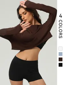 Women's Solid Overlap Backless Sports Tee, Gym Top, Casual Comfy Breathable Long Sleeve T-shirt for Yoga Gym Workout Running, Ladies Sportswear for All Seasons