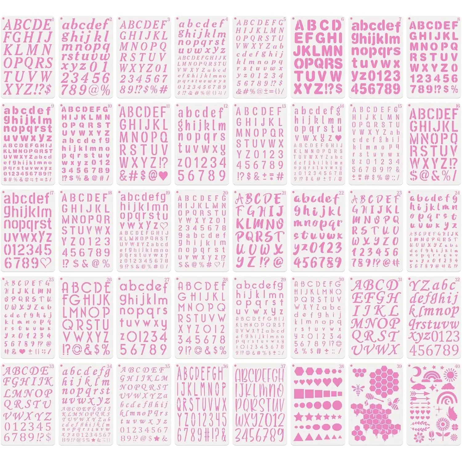 1 0.75 0.5 0.35 Inch Letter and Number Stencils for Painting 40 PCS Small Alphabet Crafts Wood Cakes Reusable Plastic Bullet Journaling Stencils(7.5 x 5 Inch)