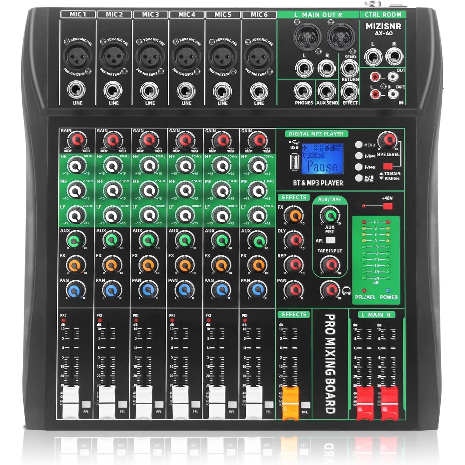 6-Channel Professional Wired USB Powered Amplifier Mixer Kit - Digital Modern Modular Sound Mixing Console with Reverb, Bluetooth, 48V Phantom Power for Podcast Recording, Karaoke