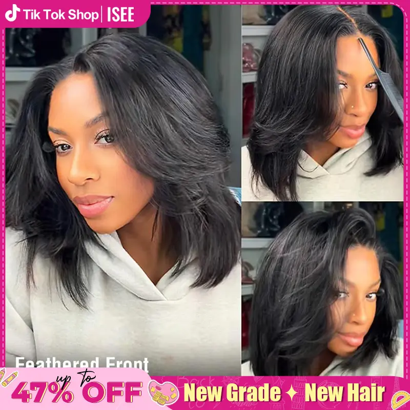 ISEE HAIR Wear Go 9x6 T-Part Layered Cut Bob Yaki Straight Wig Glueless Human Hair–Drawstring Lace Frontal Wig Pre-Cut & Pre-Bleached & Pre-Plucked Hairline & Deep Part Beginner Friendly Summer Hairstyles#SoHoChic#TikTokShopBackToSchool