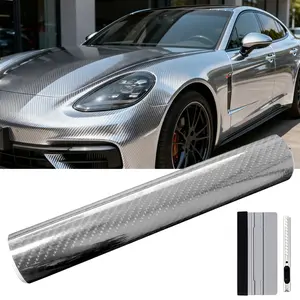 60 x 8 inch 7D Gloss Silver Carbon Fibre Car Wrap Stickers Decal with Cutter and Hand Tool Kit - Bubble Free Car DIY Decal Vinyl Stripe Car Body Vinyl Film Wrap Sticker, Self Adhesive Scratch Resistance DIY Interior Exterior Decals for Men Women