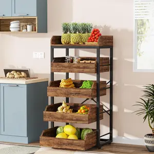 Tribesigns Wood Fruit and Vegetable Storage Rack, 5-Tier Pull-Out Snack Stand Fruit Basket Stand, Utility Shelf Organizer for Kitchen, Living Room, Bedroom, Rustic Brown Metal Plants