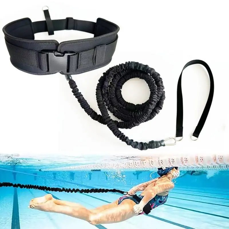 Stationary Swimming Training Bungee Cord Kit, Adjustable Padded Waist Belt, Anchor Strap & Mesh Bag, Pool Exercise Equipment for Adults, Swimming Accessories