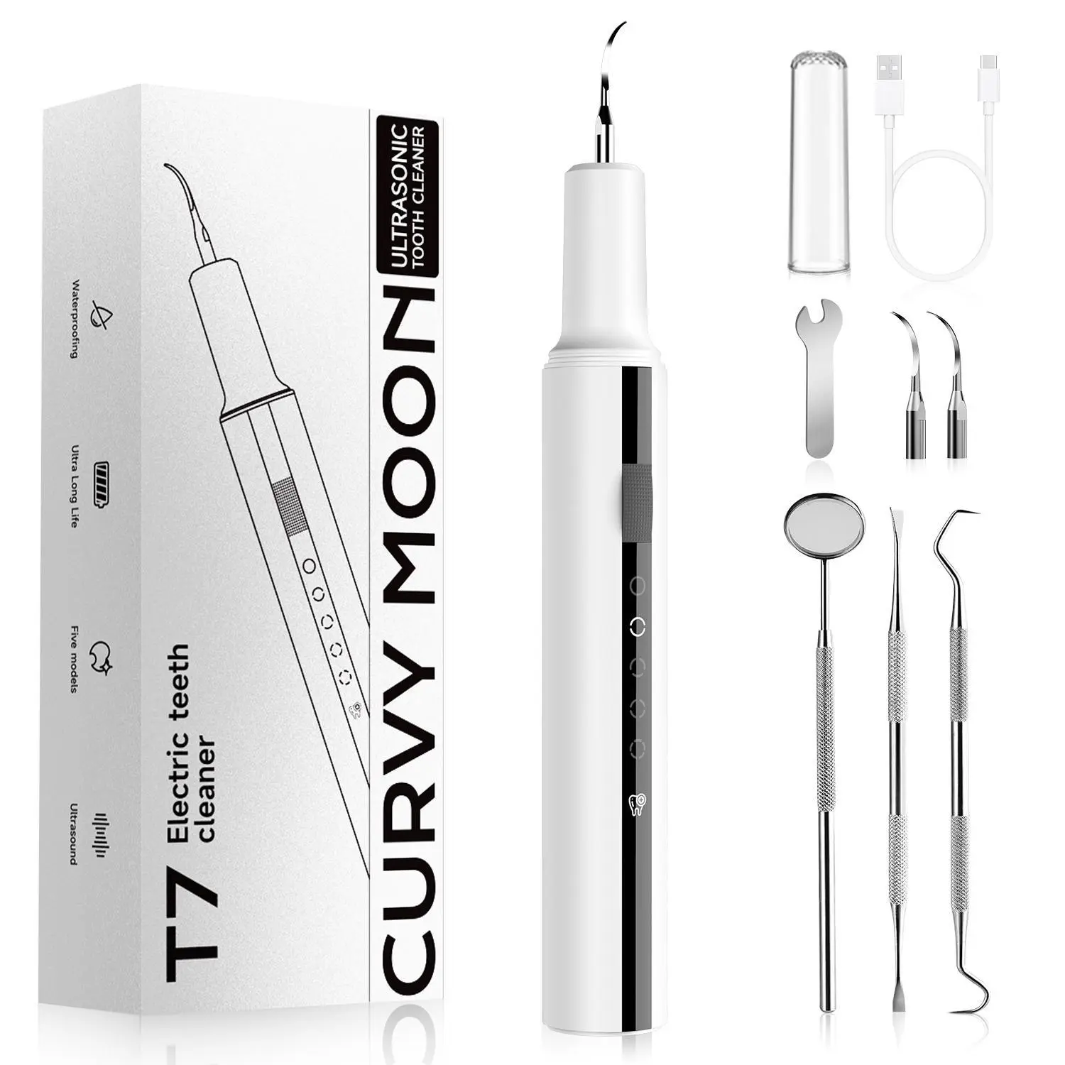 Rechargeable Oral Plaque Remover Teeth Cleaning Machine - Cleansing Tool with LED Light, 5 Adjustable Modes, Plaque Removal Solutions for Tartar & Dental Calculus (White), Tartar Removal Oral Irrigators