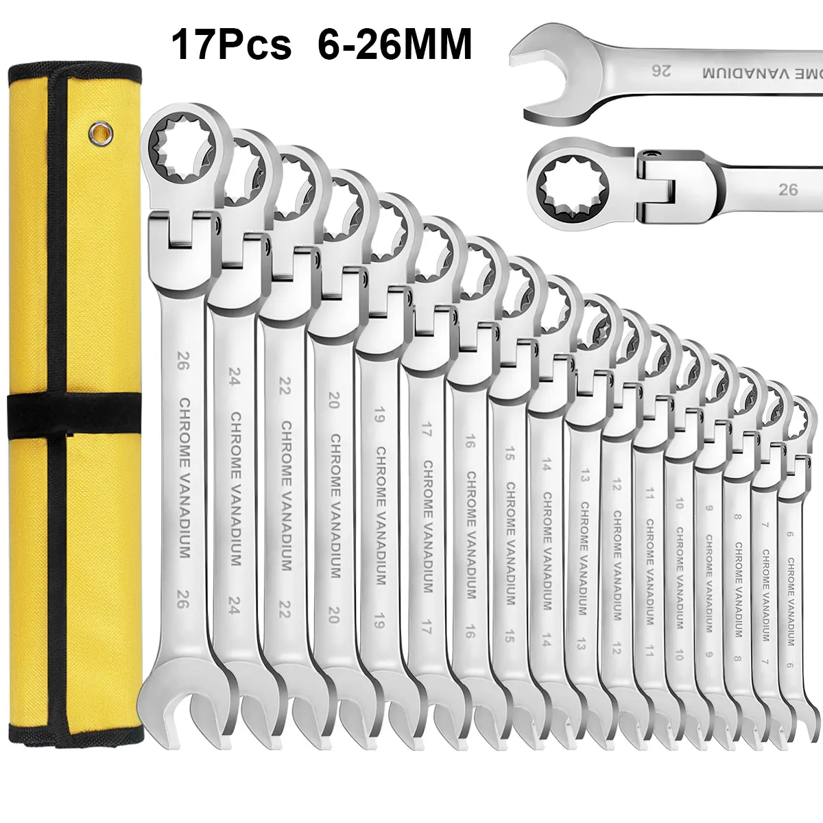 17Pcs Flex Head Ratchet Combination Wrenches Set - Chrome Vanadium Steel High Torque Multifunctional Tool Set with Off-Corner Loading Design, Double-Ended & Flexible Socket Extension Spanners, No Assembly Required for Automotive Mechanics