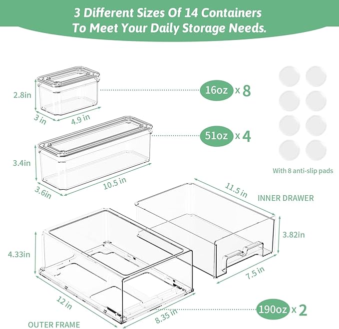 AISOON 14 Pack Fridge Organizer, Stackable Refrigerator Organizer Bins with Lids, With a Pull-out Large DrawerBPA-Free Produce Fruit Storage Containers for Food, Vegetable Storage Durable Kitchen Appliances
