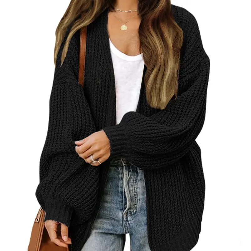 FEITAI Women's Fashion Fit Basic Chunky Knit Cardigan - Open Front Boyfriend Cut Plain Lantern Long Sleeve Oversized Outerwear with Pockets, Premium Fabric