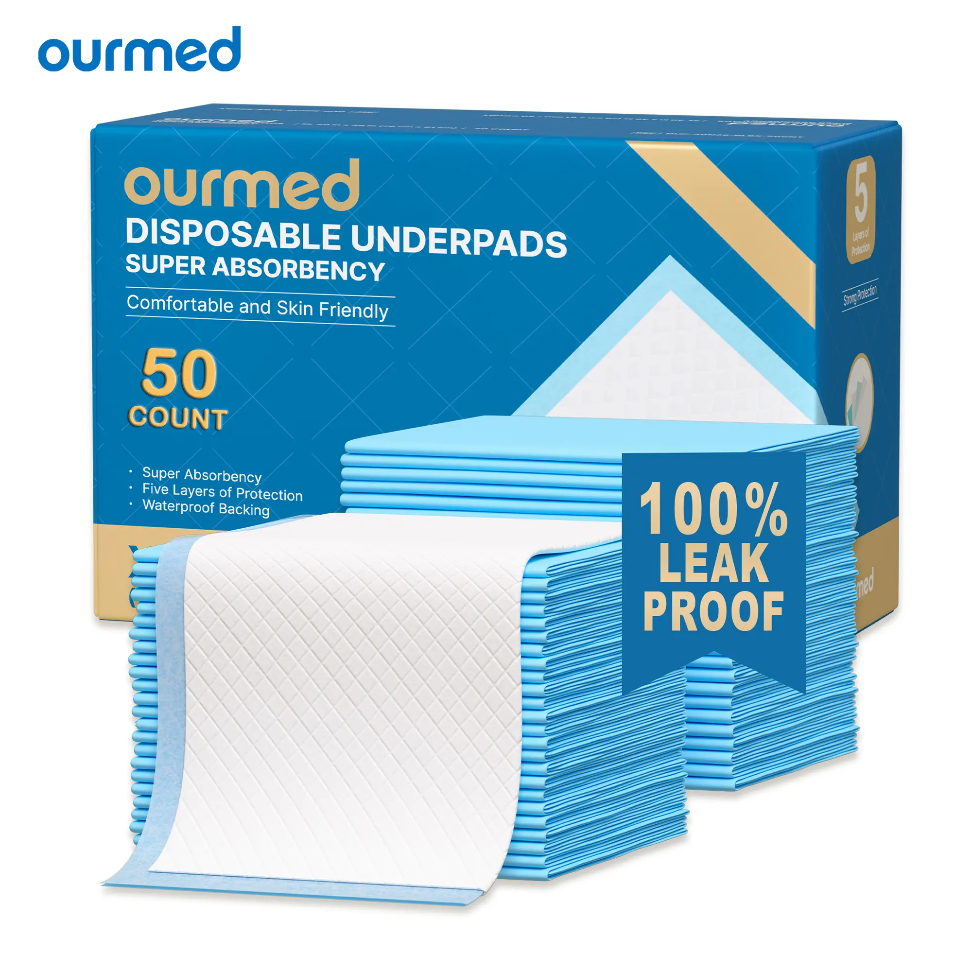 Ourmed Super Absorbent Underpad 50 Count 30“x36” Extra Large Incontinence Bed Pad, Waterproof Disposable Pee Pad for the Elderly, Adults, Children, and Hospital Use(Can also be used as a pet care mat)