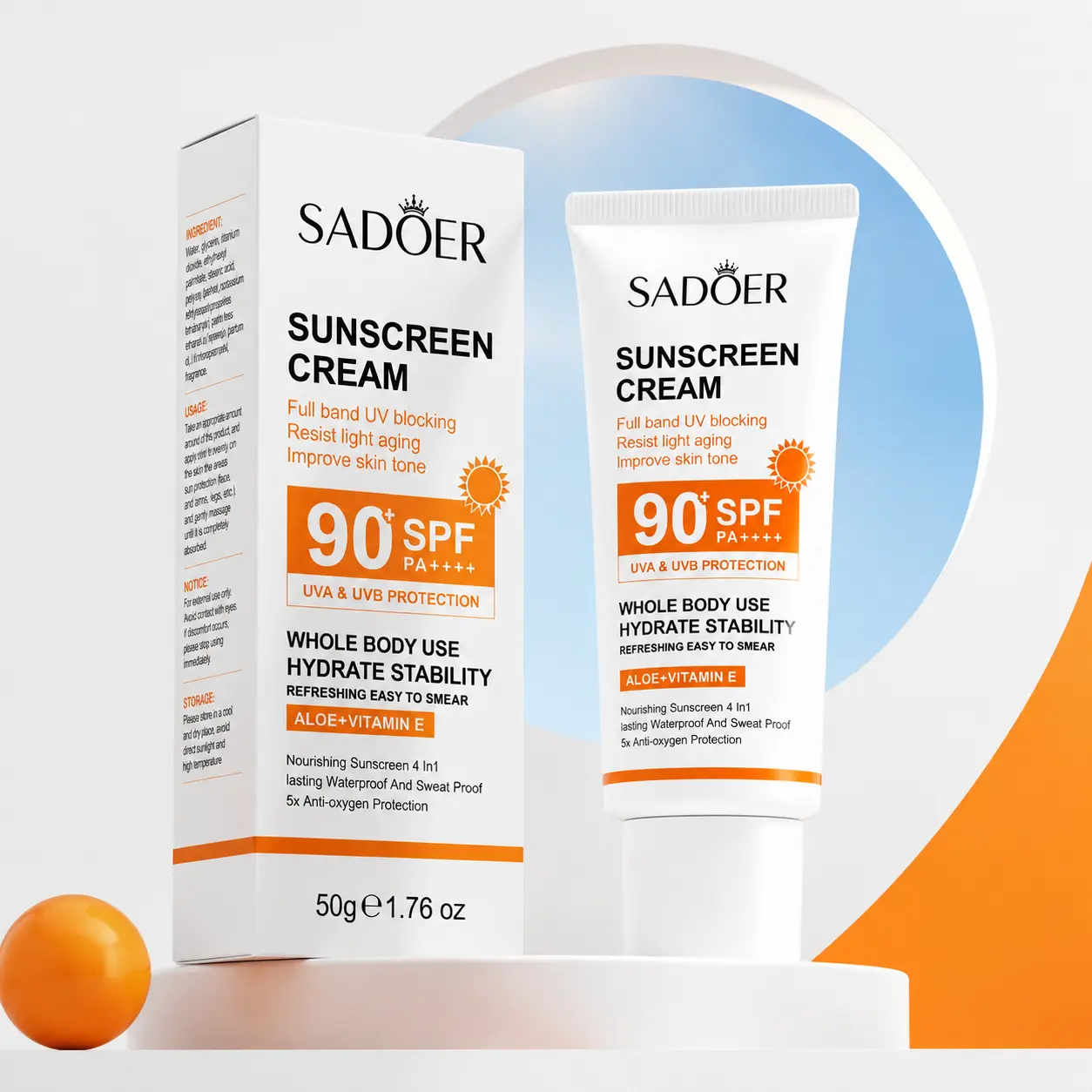 SADOER SPF90 PA+++ Sunscreen Cream, UVA UVB Broad Spectrum Sun Protection, Hydrating Smooth Waterproof Sweatproof Sunblock, Moisturizing Face & Body Sunscreen for Daily Commute Beach Outdoor Sports Facial Gentle