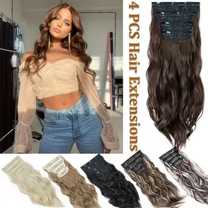 22 Inch Clip In Long Wavy Synthetic Hair Extension Brown Black Highlight 4PCS Thick Hairpieces Fiber Double Weft 4 Pieces Curly Hair For Women Daily Christmas Halloween Use