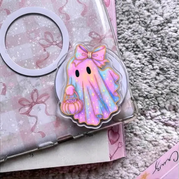 Coquette Ghost MagSafe Phone Grip, Cute Pink Bow Spooky Little Boo Magnetic PopSocket, Pastel Halloween Phone Holder, Girly Aesthetic Accessory
