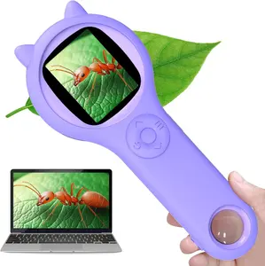 Cat Ear Kids Handheld Microscope, 500X Zoom 2MP HD IPS Screen Portable Digital Microscope with 8 LED, Educational Science Toy for Kids