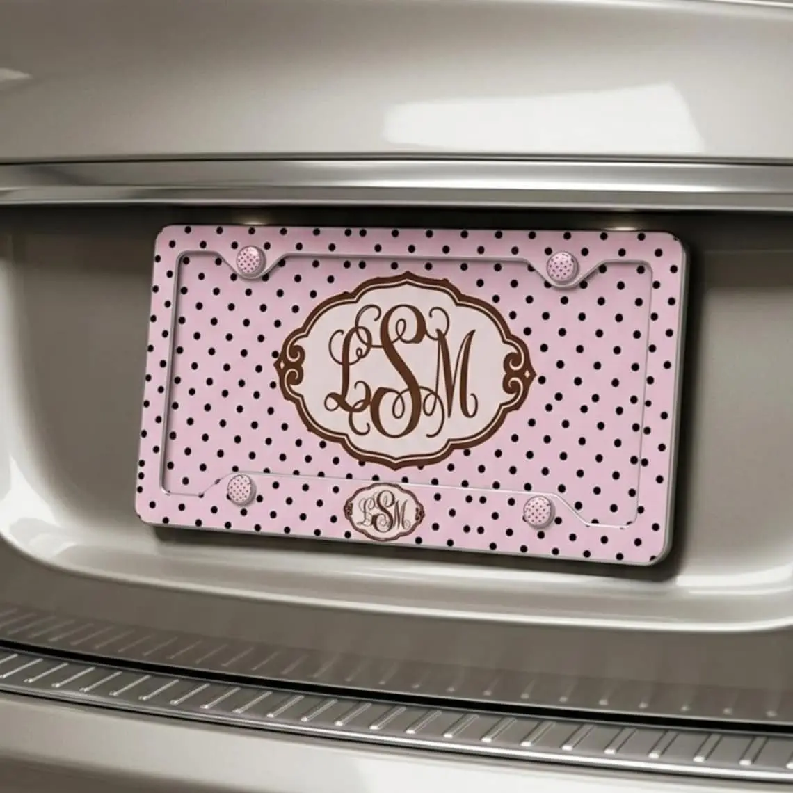 Personalized Pink Polka Dot License Plate & Frame Set, Custom Monogrammed Car Tag, Girly Accessories