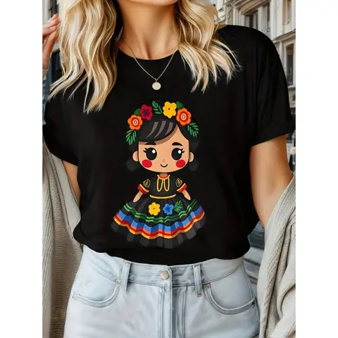 Cotton Women's Black & White Short Sleeve T-Shirt with Mexican Traditional Costume Cartoon Print, Round Neck, Casual Style, Polyester Blend, Machine Washable, All-Season Wear