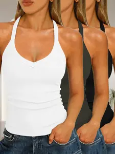 Women's Backless V-Neck Soft Knit Tank Top Set, Summer Slim Fitted Plain Blouse Layering Shirt, 3-Piece Casual Fashion