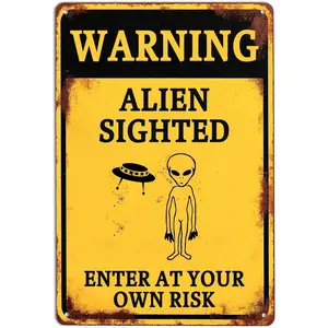 Retro Alien Warning Tin Sign, 12x8 In Creative "Alien Sighted Enter At Your Own Risk" Wall Decor Plaque for Home Bar, Restaurant - Funny Home Supplies Decoration